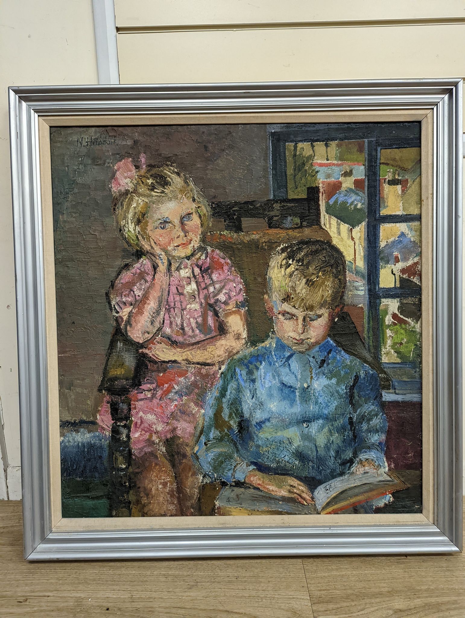 N. Hudson, oil on canvas, Portrait of two children, signed, 75 x 70cm